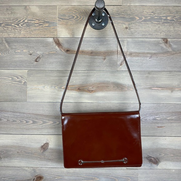 Gucci Handbags - Gucci Vintage 90s Rare Oxblood Chestnut Patent Leather Horsebit Shoulder Bag